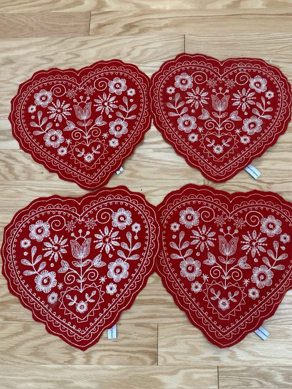 Red Heart-Shaped Embroidered Felt Coasters (Set of 4)